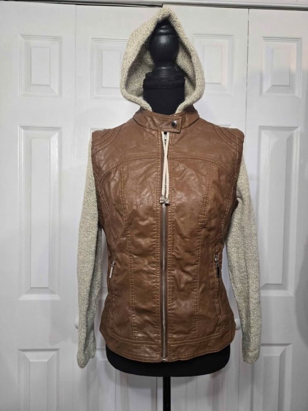 XS LA Coalition Urban Collective Vintage Style Hooded Faux Leather Jacket
